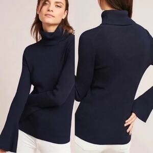 Anthropologie Moth Dark Navy Blue Ribbed Flare Sleeve Turtleneck Sweater Small